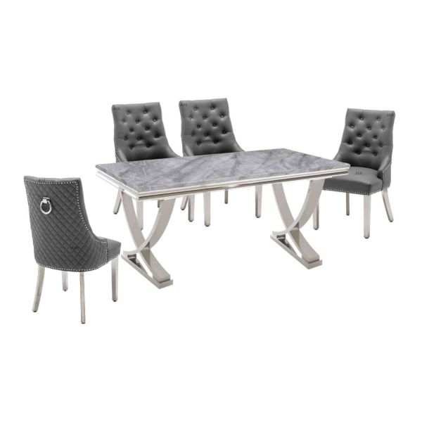 Armano 180CM Light Grey MArble Dining Table with Ring Knockerback Grey Leather Dining Chairs