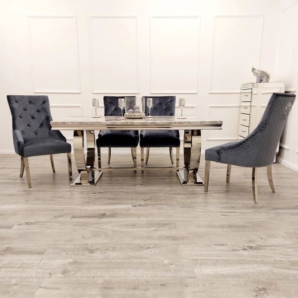 Arianna Grey Marble Top Dining Table with lion knocker back dining chairs