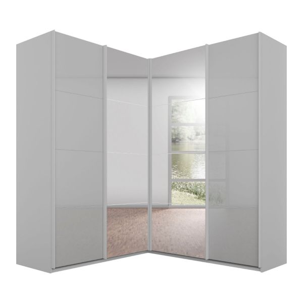 Rauch Lima 181cm 4 Door Corner Sliding Wardrobe with 2 Silk Grey Glass Doors and 2 Mirror Doors 