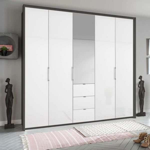 RAUCH erimo 5 Door Hinged Combi White Glass Front Wardrobe carcase Graphite Width 254 Height 225cm