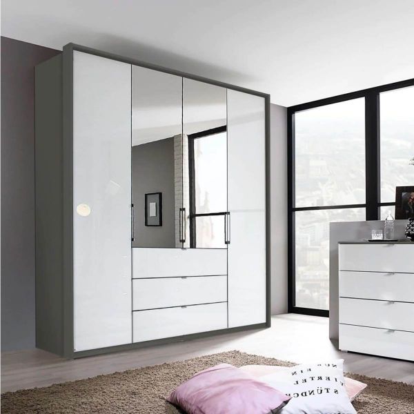 Rauch Erimo 4 Door Hinged Combi Wardrobe White Glass Front Carcase Graphite Width 204cm and Height 225cm
