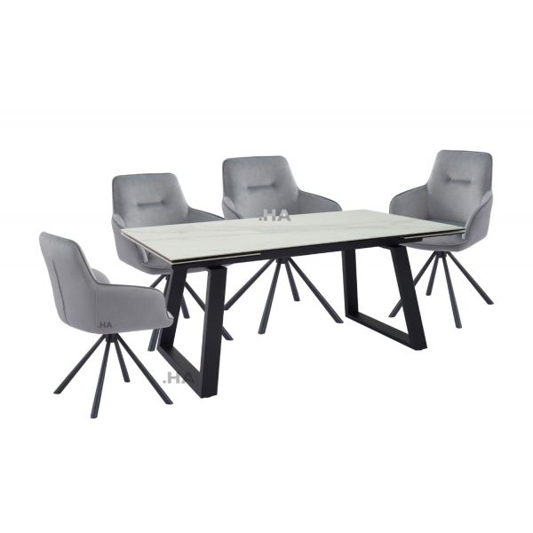 Malindi White Ceramic Extending Dining Table Set with Swivel Grey Dining Chairs