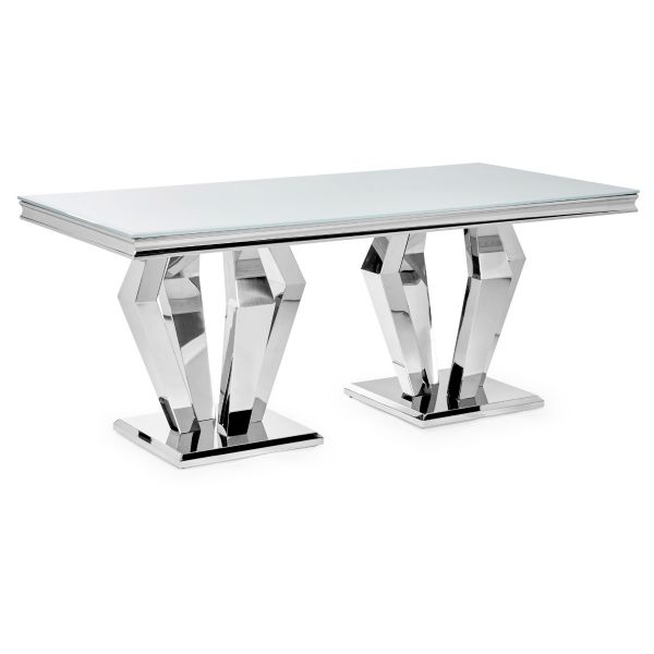 Sorrento 1.8m Polished Steel & White Glass Top Dining Table
Arturo Dining Table 
White Glass Modern Dining Table