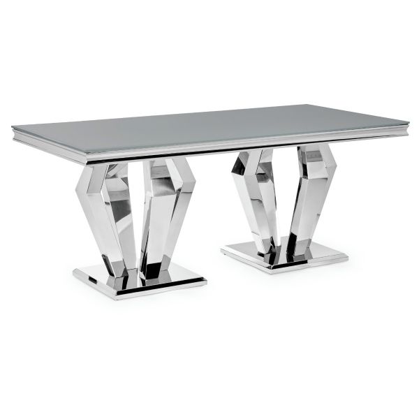 Sorrento 1.8m Polished Steel & Grey Glass Top Dining Table
Arturo Dining Table 
Grey Glass Modern Dining Table
Tempered Glass Dining Table