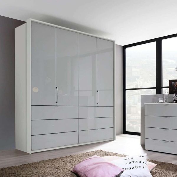 Rauch Erimo Silk Grey Glass Front 4 Door Combi Wardrobe with Bi-folding doors and 6 Drawers 204cm length height 225cm