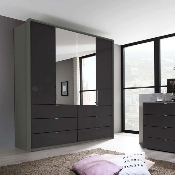Rauch Erimo Silk Grey Glass Front 4 Door Combi Wardrobe with Bi-folding doors and 6 Drawers 204cm length height 225cm