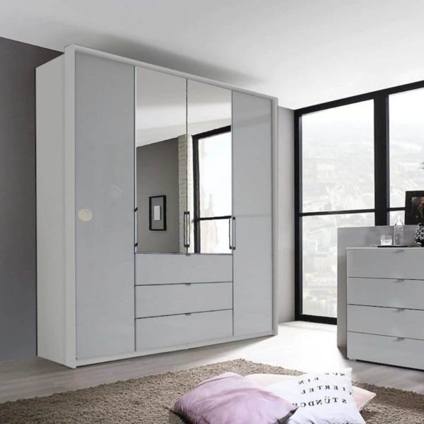 Rauch Erimo 4 Door Silk Grey Glass Wardrobe with Middle Middle Doors and 3 Deawers - Bi Folding Doors. Width 204cm Height 225cm