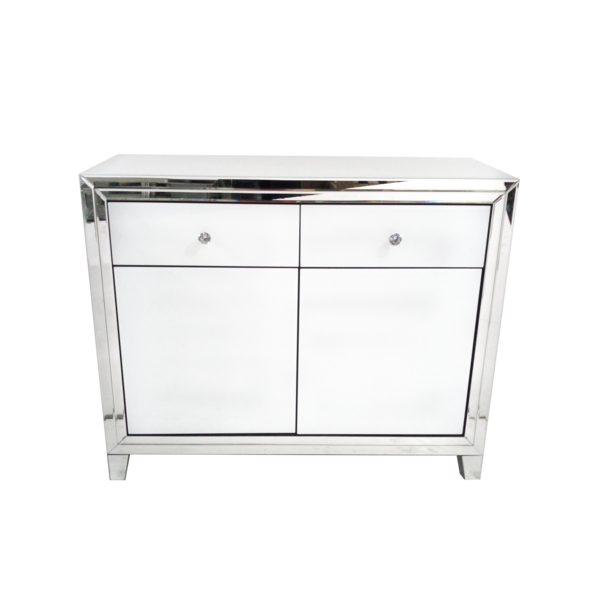 Bianco - White Glass & Mirrored 2 Door 2 Drawer Cabinet