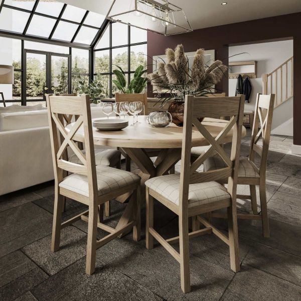 Houston Kettle Interiors HO-LRT 1.5M Large Round Wooden Smokey Oak Dining Table With Chairs