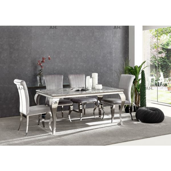 Liyana Light Grey Marble Top Dining Table With Apollo Chairs & Bench 