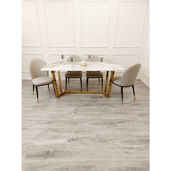 Dynasty White Marble and Gold Rectangle Dining Table Set