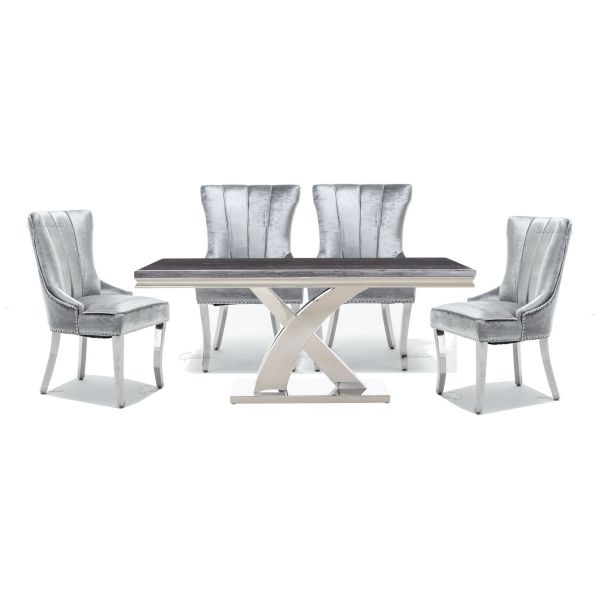 Mayfair Grey Marble top Dining Table with Montpellier Plush Velvet Dark Grey Dining Chair