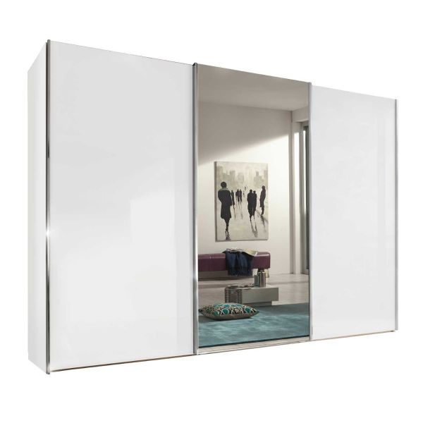 Wiemann White Large 3 Door Sliding Wardrobe With Glass and Mirror Front Available in 4 width sizes 225, 250, 280 and 300 cm