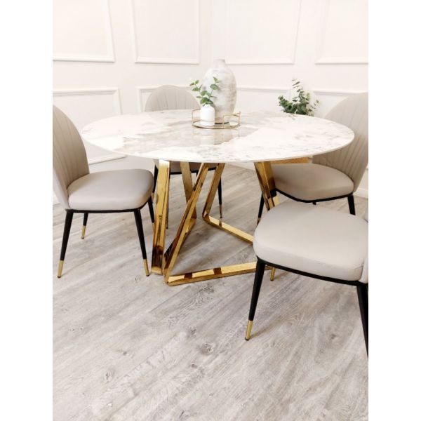 Richmond White Marble and Gold Round Dining Table Set