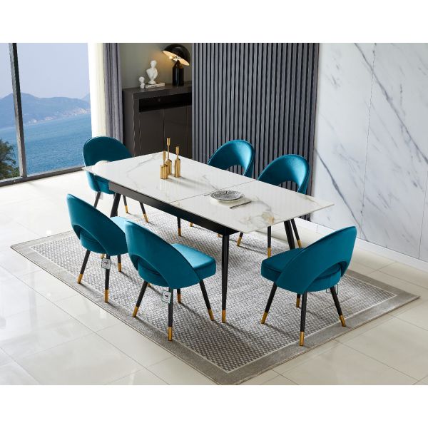 Goldmist White Ceramic Marble Extending Dining Table with Clover Chairs
