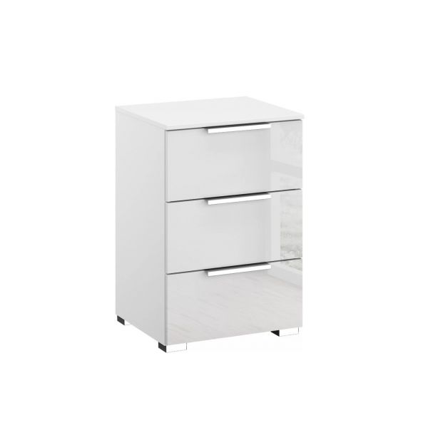 Rauch Formes 3 Drawer bedside comes with white glass front and chrome handles