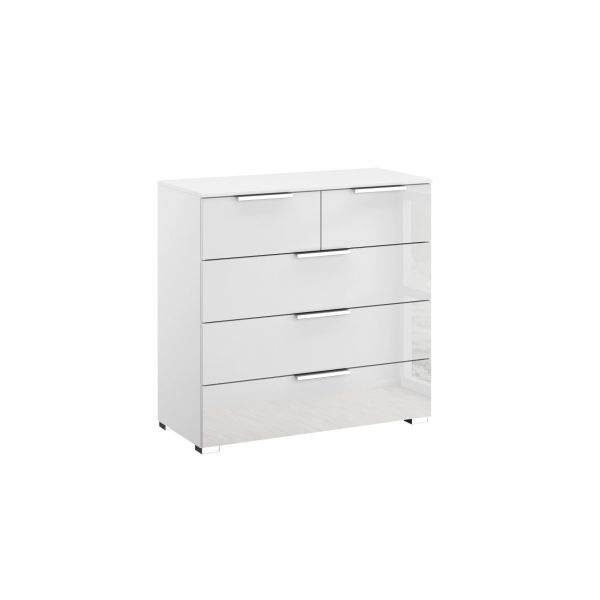 Rauch formes 5 Drawer chest comes with white carcase and white glass front with chrome handles