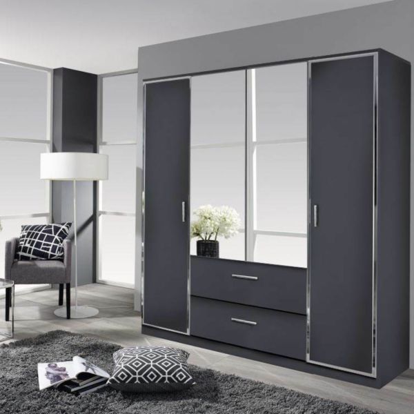 Rauch Marl 4-Door Hinged Combi Wardrobe with 2 Bottom Drawers in Metallic Grey Colour 2 Mirror doors 
