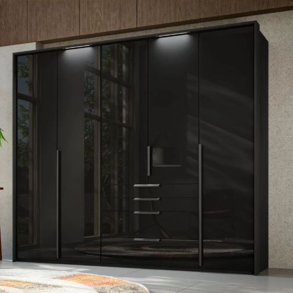 Rauch Purisma Graphite Glass front wardrobe with drawers and long door handles