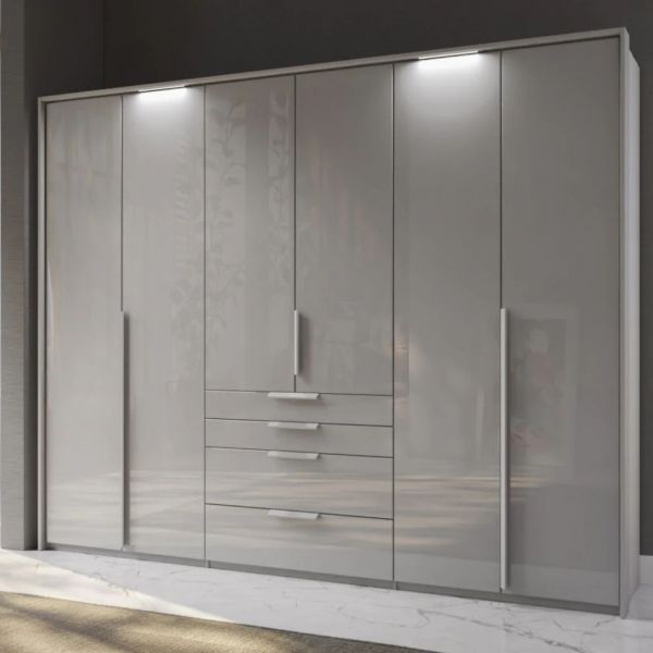 Rauch Purisma 6 door Silk Grey Glass front wardrobe with drawers and long door handles