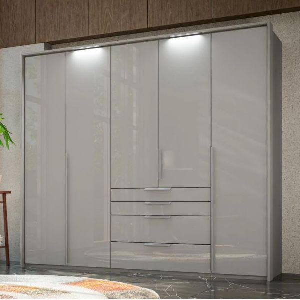 Rauch Purisma Silk Grey Glass front 5 Door wardrobe with drawers and long door handles