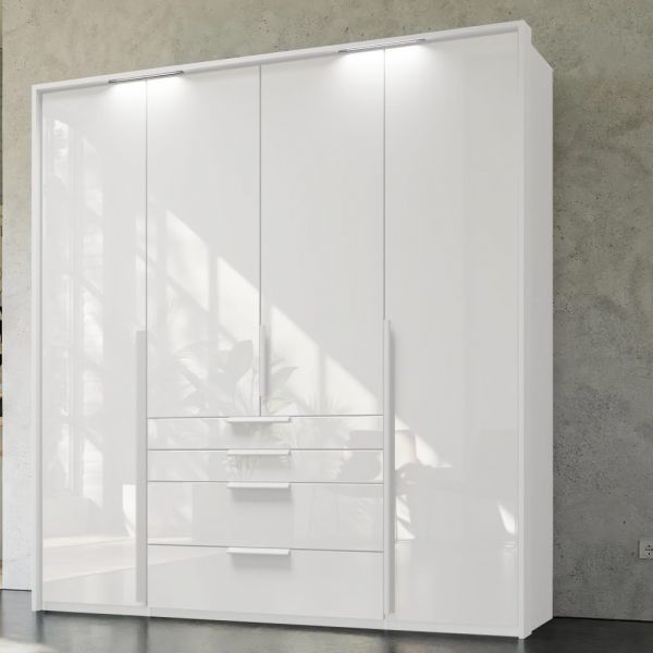 Rauch Purisma 4 Door 2M White Glass Hinged Door Wardrobe With drawers and long door handles 