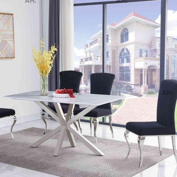 Riviera 160CM White Marble Liyana Black Dining Chairs