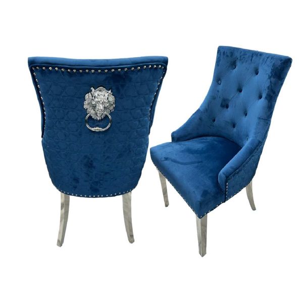 Chelsea Lion Knockerback Plush Velvet Blue Fabric Dining Chairs