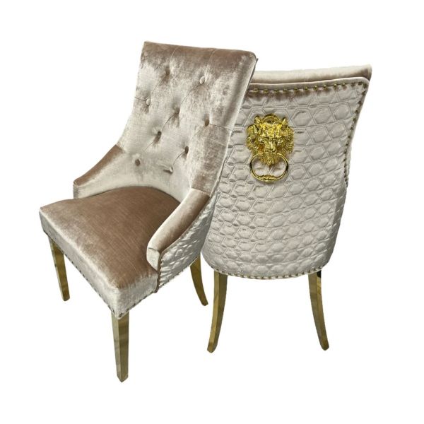 Chelsea Gold Lion Knockerback and Gold Legs Plush Velvet Dining Chairs