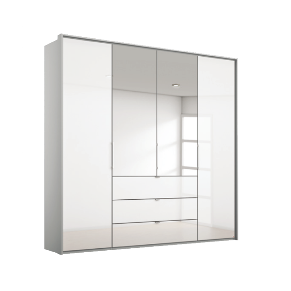 Rauch Erimo Carcase Silk Grey Front White Glass Bi - folding doors wardrobe with drawers