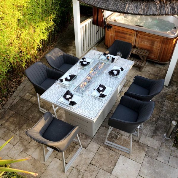 Santorini Rectangular Grey firepit pattern Top Dining Table With 6 Chairs