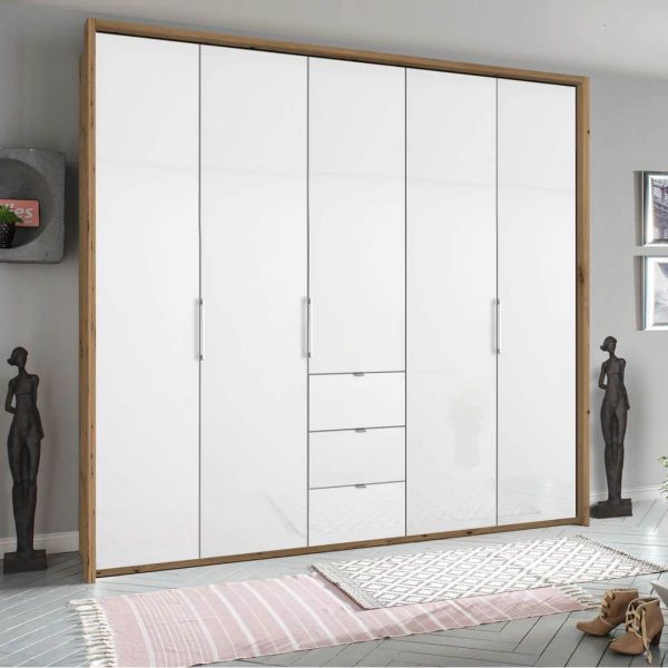 Rauch Erimo Bi-Folding Door 5 Door Wardrobe with Drawers Carcase Artisan Oak and Front White Glass Width 254cm and Height 225CM