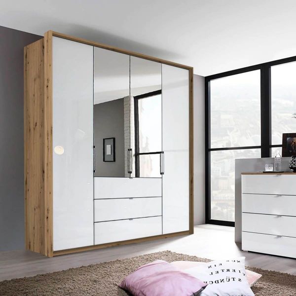Rauch Erimo Folding Door Wardrobe White Glass Front Carcase Artisan Oak Width 204cm Height 225 cm With 3 Spacious drawers under the middle doors