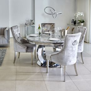 Oracle 130cm Round Grey Marble Dining Table & 4 Jessica Silvery Grey Ring Knocker Chairs