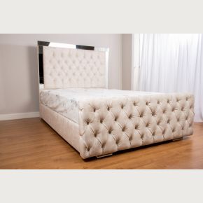 Glaze Mirror and Velvet Fabric Upholstered Bed Frame