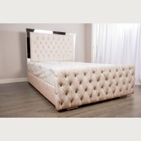 Glaze Mirror and Velvet Fabric Upholstered Bed Frame
Bed With Mirror Border 
Mirror and Fabric Bed 
Double Fabric Bed 
Reflection Bed