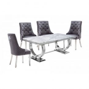 Arianna Grey marble dining table with Chelsea Lion Knockerback dining  chairs