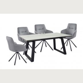 Malindi White Ceramic Extending Dining Table Set with Swivel Grey Dining Chairs