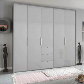 Rauch Erimo 5 Door Silk Grey Glass Wardrobe With Drawers under middle door Width 254 cm Height 225cm