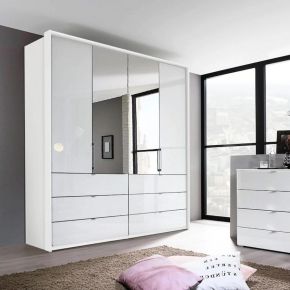 Rauch Erimo 4-Door & 6 Drawer Wardrobe with Bifolding Doors White glass and mirror front with 204 height 225 cm