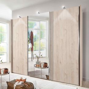Wiemann Miami 3-Door Sliding Wardrobe available in 4 Width sizes 225cm, 250cm, 280cm, and 300cm, comes in 2 heights 217cm and 236cm, Side Door in Holm light Oak and Middle Door is in Mirror