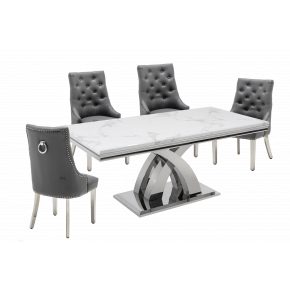 Ottavia 2.0M White Marble Dining Table with Edmundson Round Knockerback Dining Chairs