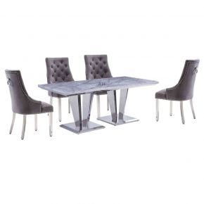 Riccardo 180CM White or Grey Marble Top Dining Table With 6 Plush Velvet Grey Ring Knockerback Dining Chairs
