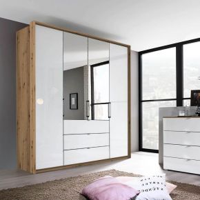 Rauch Erimo Folding Door Wardrobe White Glass Front Carcase Artisan Oak Width 204cm Height 225 cm With 3 Spacious drawers under the middle doors