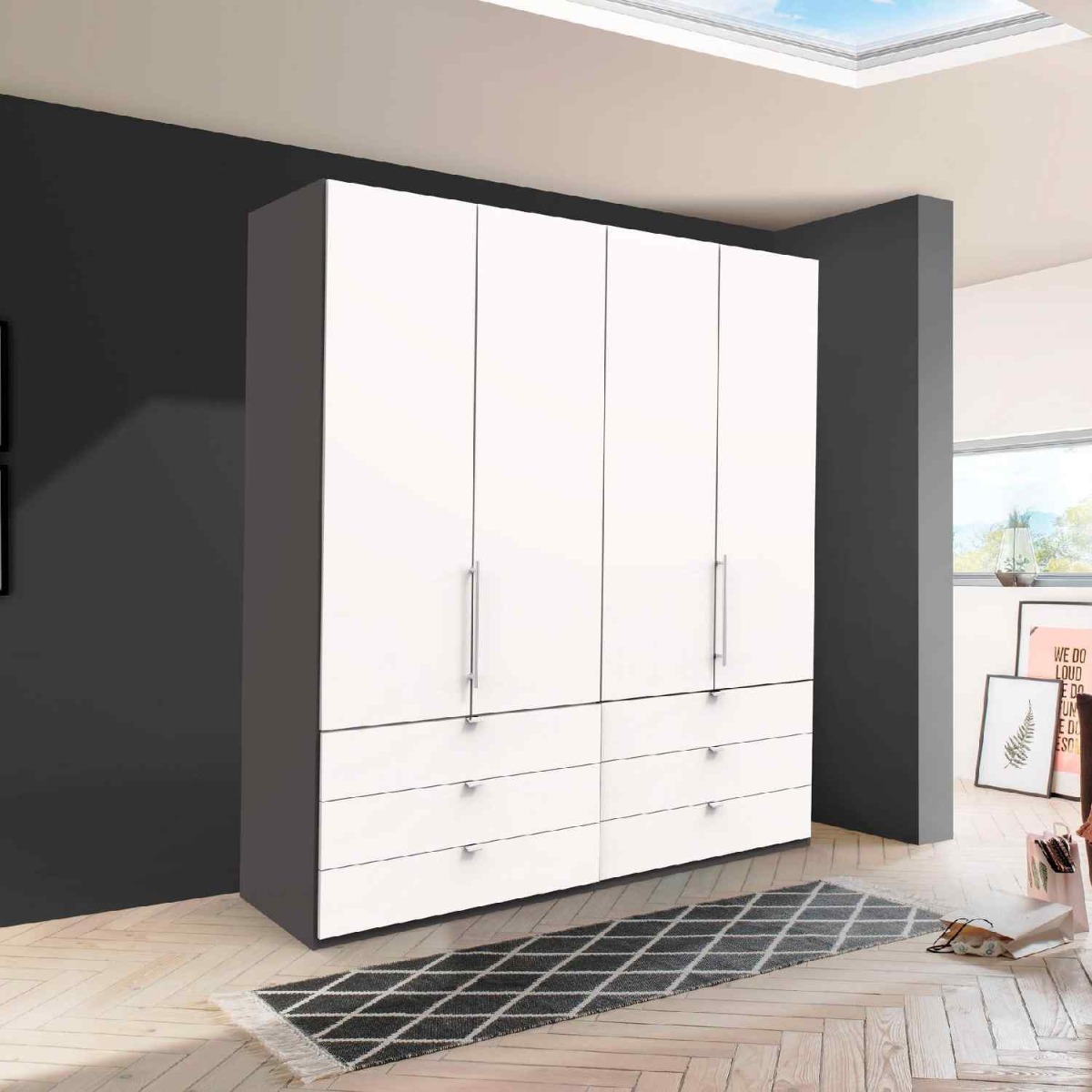 Wiemann Loft White Glass Front 200CM Bi-Folding Doors Wardrobe With Drawers