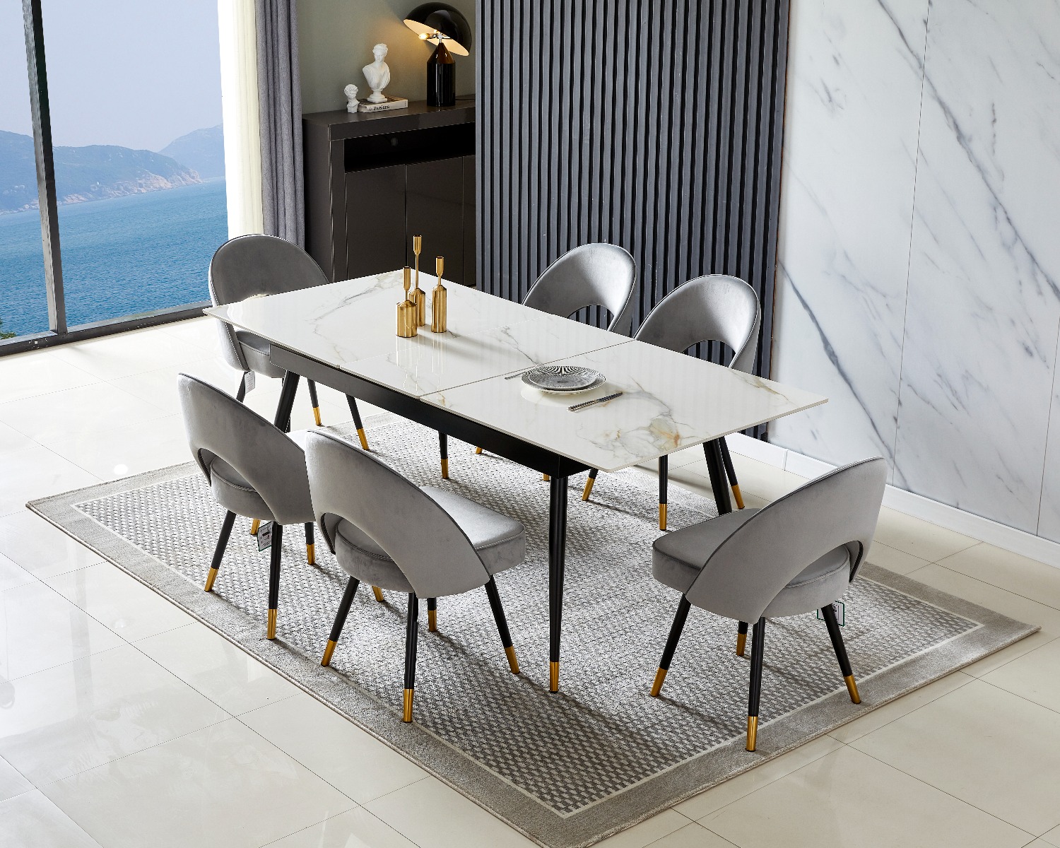 Goldmist White Ceramic Marble Extending Dining Table with Grey Clover Chairs